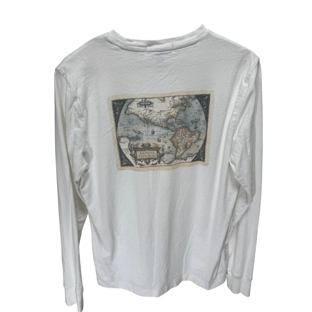 Banana Republic Long Sleeve T-Shirt Men Small White World Map Graphic Casual
